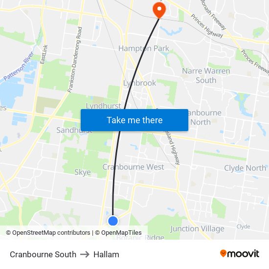 Cranbourne South to Hallam map