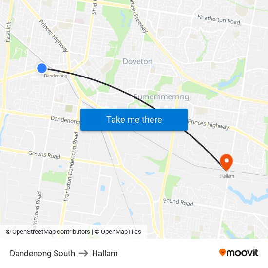 Dandenong South to Hallam map