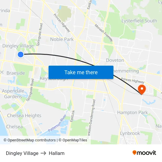 Dingley Village to Hallam map