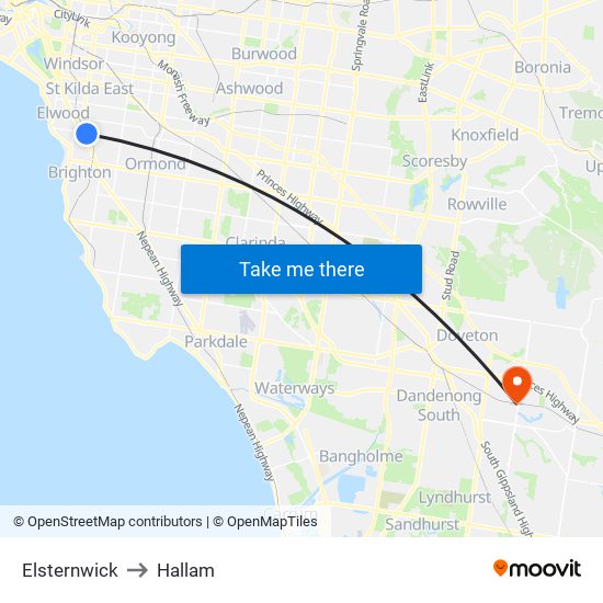 Elsternwick to Hallam map