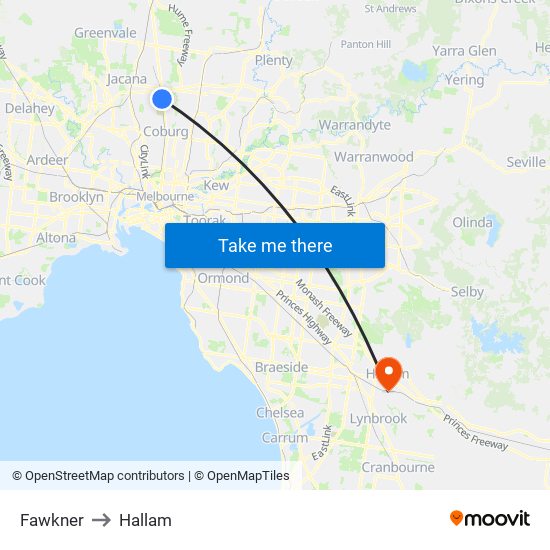 Fawkner to Hallam map