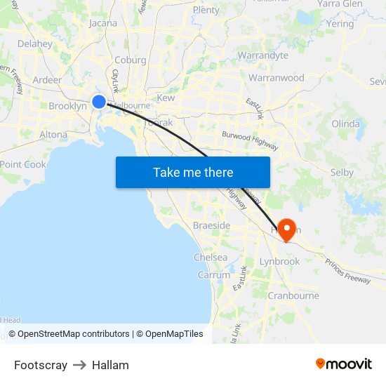 Footscray to Hallam map