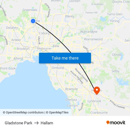 Gladstone Park to Hallam map