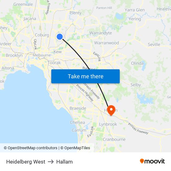 Heidelberg West to Hallam map