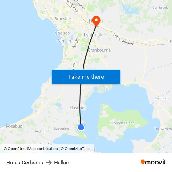 Hmas Cerberus to Hallam map