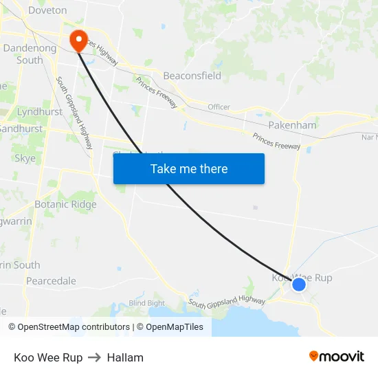 Koo Wee Rup to Hallam map