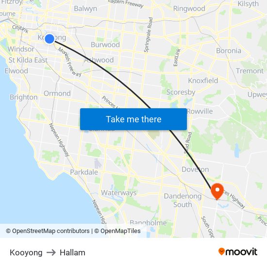 Kooyong to Hallam map