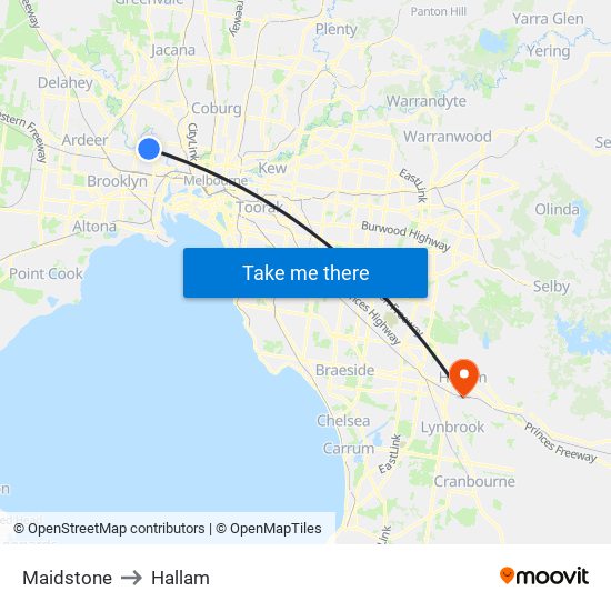 Maidstone to Hallam map