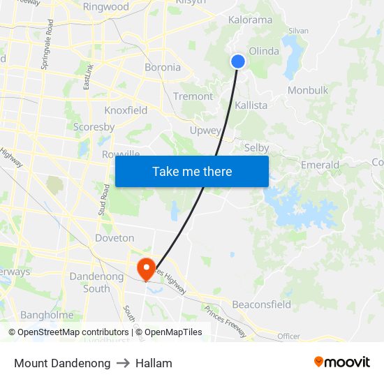 Mount Dandenong to Hallam map