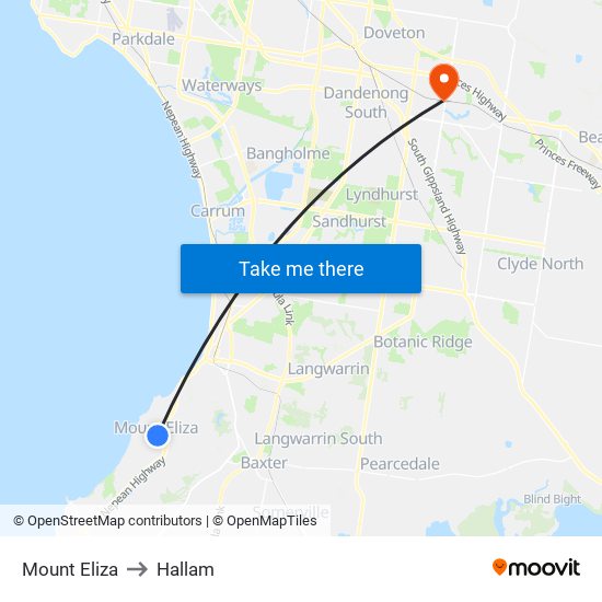 Mount Eliza to Hallam map