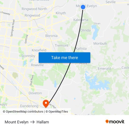 Mount Evelyn to Hallam map