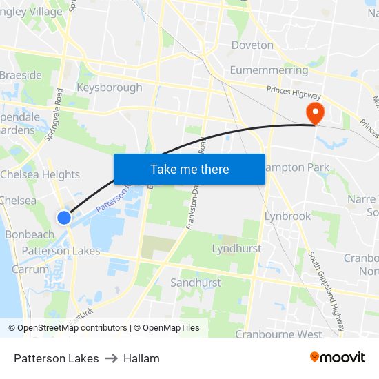 Patterson Lakes to Hallam map