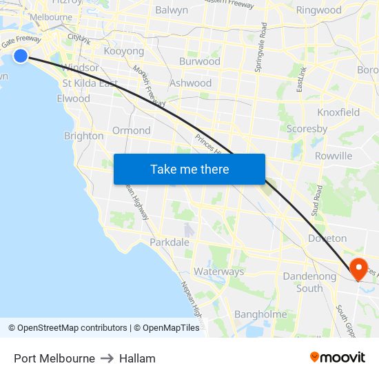 Port Melbourne to Hallam map