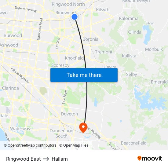 Ringwood East to Hallam map