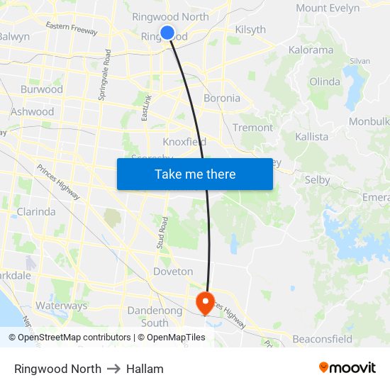Ringwood North to Hallam map