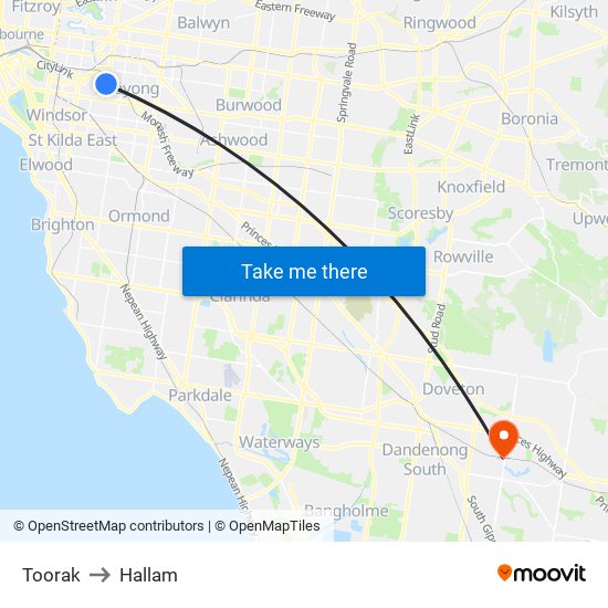 Toorak to Hallam map