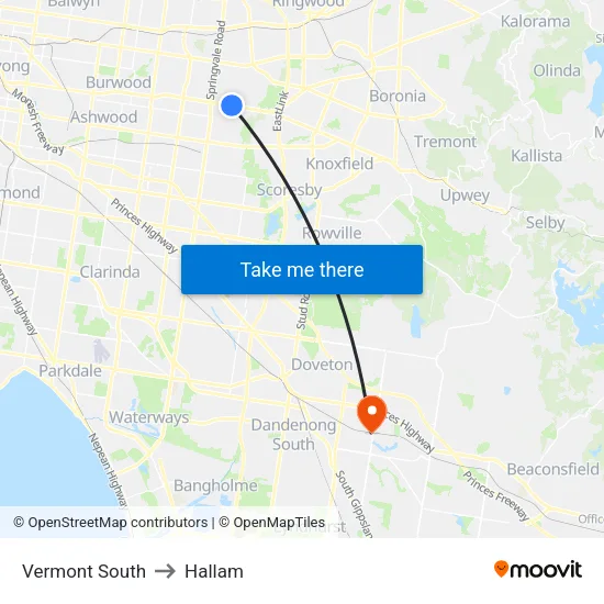 Vermont South to Hallam map