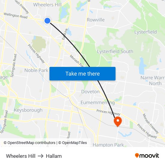 Wheelers Hill to Hallam map