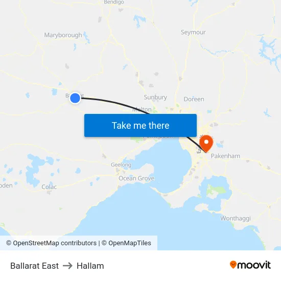 Ballarat East to Hallam map