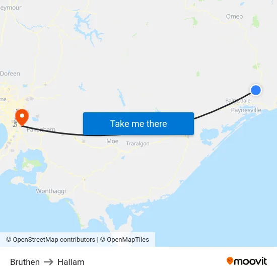 Bruthen to Hallam map