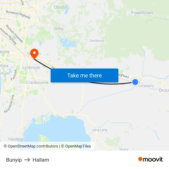 Bunyip to Hallam map