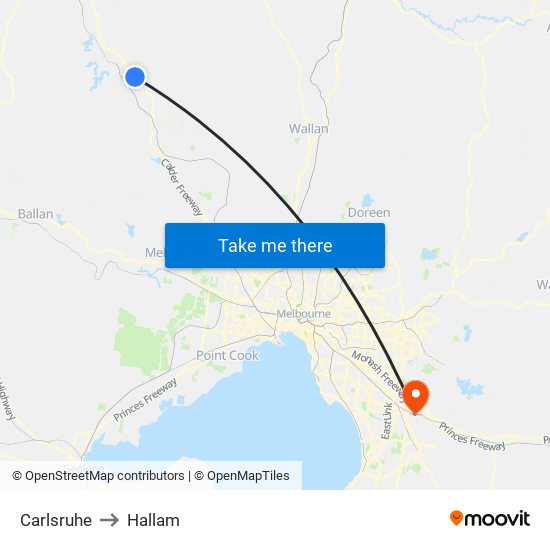 Carlsruhe to Hallam map