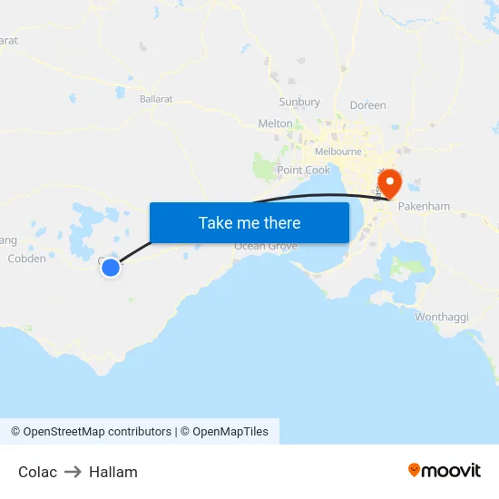Colac to Hallam map