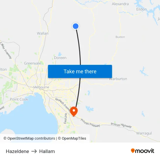 Hazeldene to Hallam map