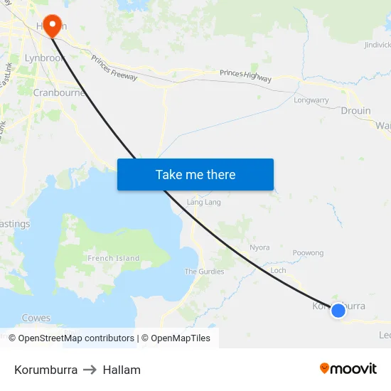 Korumburra to Hallam map
