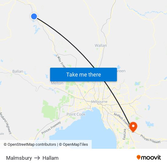 Malmsbury to Hallam map