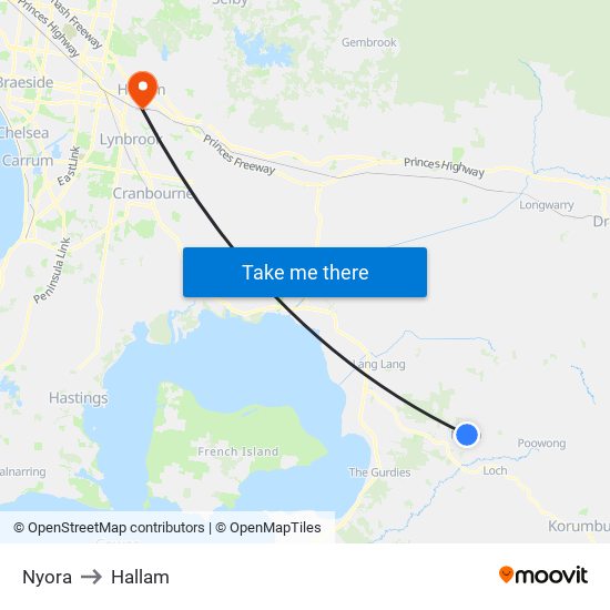 Nyora to Hallam map