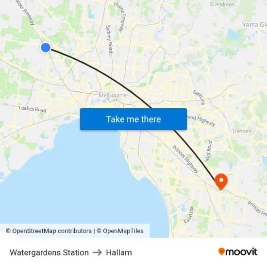 Watergardens Station to Hallam map