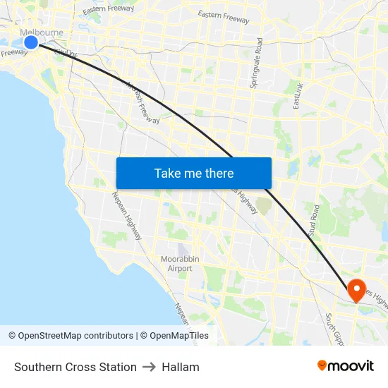 Southern Cross Station to Hallam map