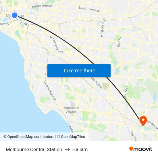 Melbourne Central Station to Hallam map
