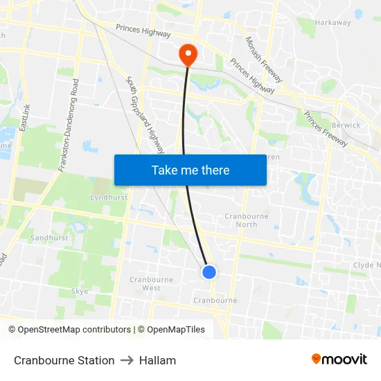 Cranbourne Station to Hallam map