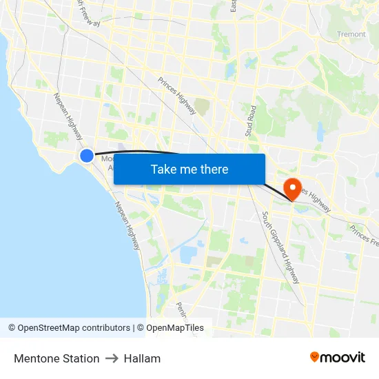 Mentone Station to Hallam map