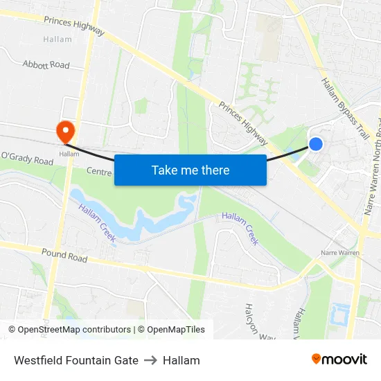Westfield Fountain Gate to Hallam map