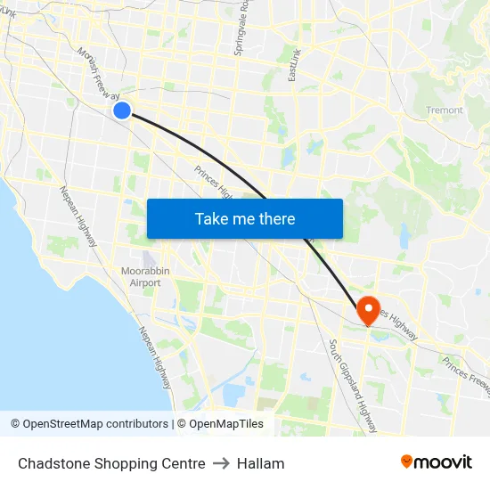 Chadstone Shopping Centre to Hallam map