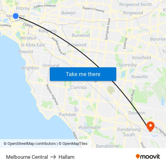 Melbourne Central to Hallam map