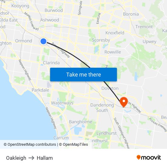 Oakleigh to Hallam map