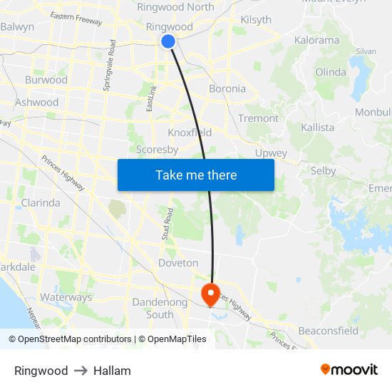 Ringwood to Hallam map