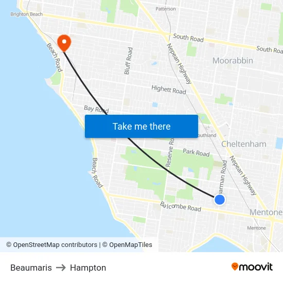 Beaumaris to Hampton map