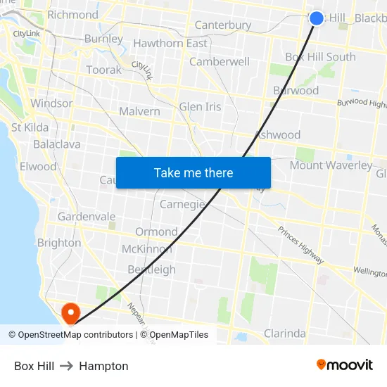 Box Hill to Hampton map
