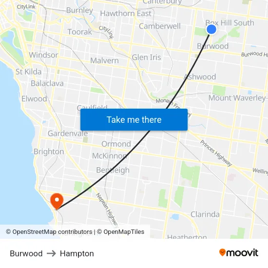 Burwood to Hampton map