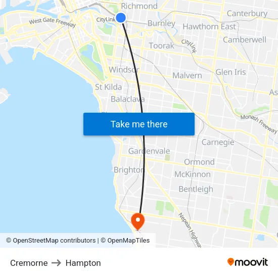 Cremorne to Hampton map