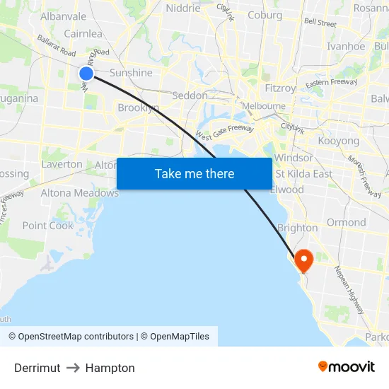 Derrimut to Hampton map