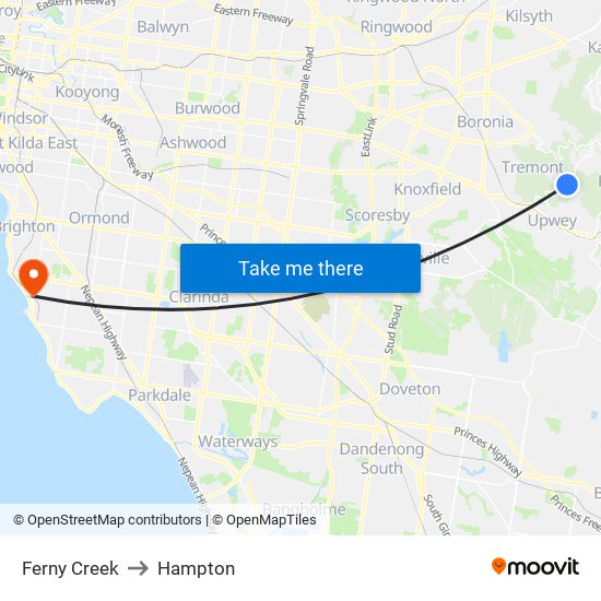 Ferny Creek to Hampton map