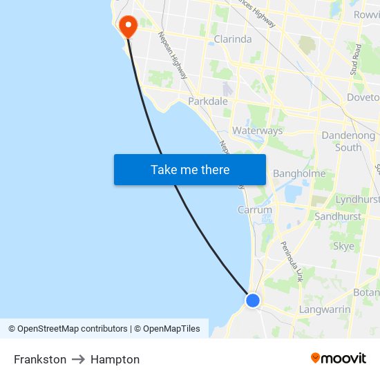 Frankston to Hampton map