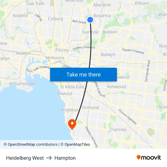 Heidelberg West to Hampton map