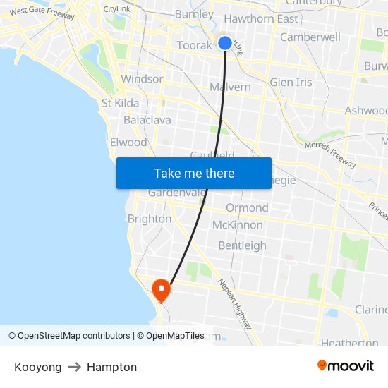 Kooyong to Hampton map